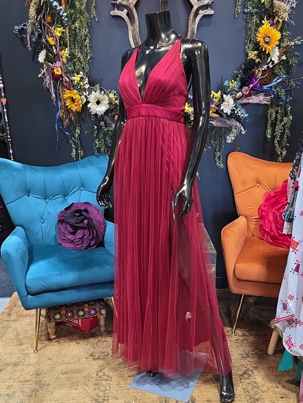 Windsor Deep Red Burgundy V-Neck Maxi Tulle Gown